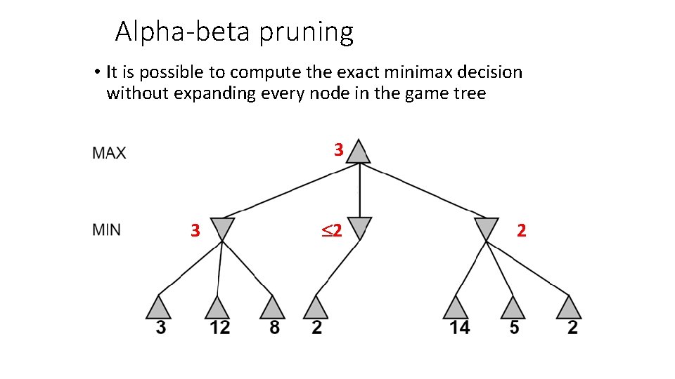 Alpha-beta pruning • It is possible to compute the exact minimax decision without expanding