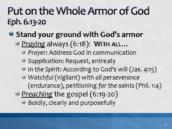 Put on the Whole Armor of God Eph. 6: 13 -20 Stand your ground Put on the Whole Armor of God Eph. 6: 13 -20 Stand your ground