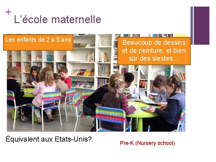 + L’école maternelle Les enfants de 2 à 5 ans Équivalent aux Etats-Unis? Beaucoup