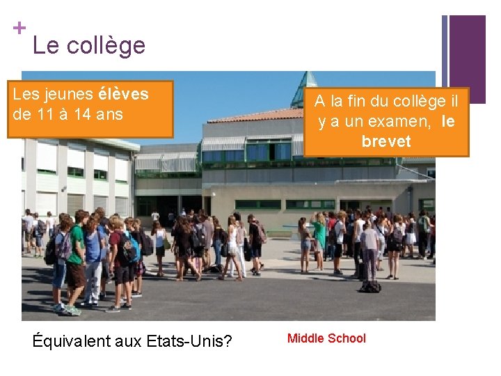 + Le collège Les jeunes élèves de 11 à 14 ans Équivalent aux Etats-Unis?