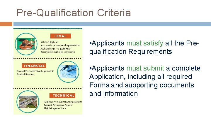 Pre-Qualification Criteria • Applicants must satisfy all the Prequalification Requirements • Applicants must submit