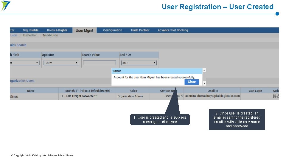 User Registration – User Created 1. User is created and a success message is User Registration – User Created 1. User is created and a success message is