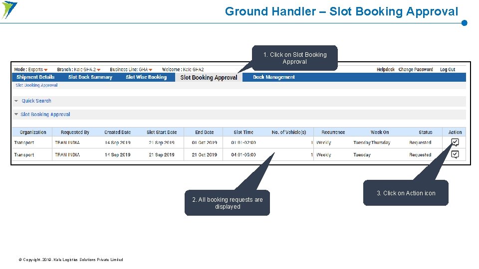 Ground Handler – Slot Booking Approval 1. Click on Slot Booking Approval 2. All Ground Handler – Slot Booking Approval 1. Click on Slot Booking Approval 2. All