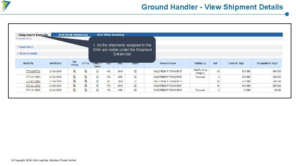 Ground Handler - View Shipment Details 1. All the shipments assigned to the GHA Ground Handler - View Shipment Details 1. All the shipments assigned to the GHA