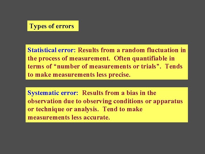 Types of errors Statistical error: Results from a random fluctuation in the process of