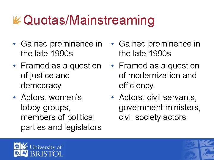 Quotas/Mainstreaming • Gained prominence in the late 1990 s • Framed as a question Quotas/Mainstreaming • Gained prominence in the late 1990 s • Framed as a question