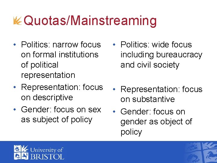 Quotas/Mainstreaming • Politics: narrow focus on formal institutions of political representation • Representation: focus Quotas/Mainstreaming • Politics: narrow focus on formal institutions of political representation • Representation: focus