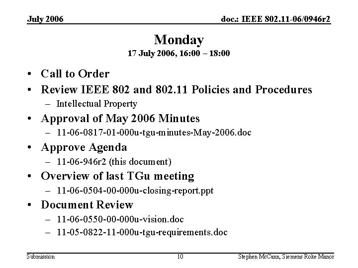 July 2006 doc. : IEEE 802. 11 -06/0946 r 2 Monday 17 July 2006,