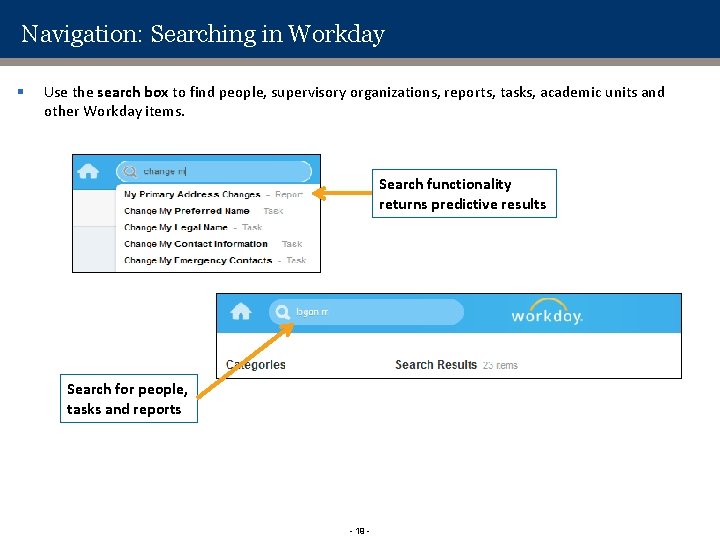 Navigation: Searching in Workday § Use the search box to find people, supervisory organizations,