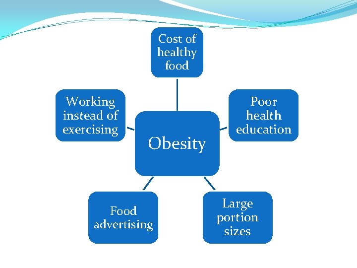 Cost of healthy food Working instead of exercising Obesity Food advertising Poor health education