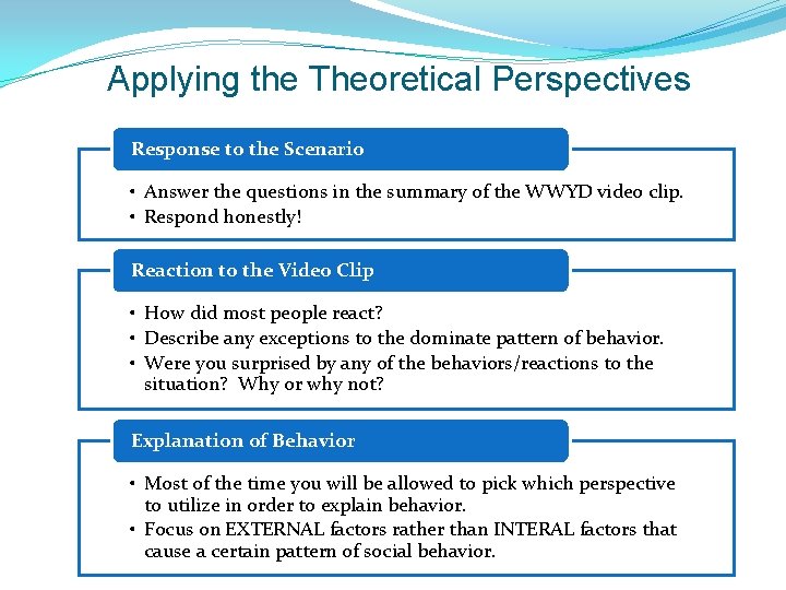 Applying the Theoretical Perspectives Response to the Scenario • Answer the questions in the