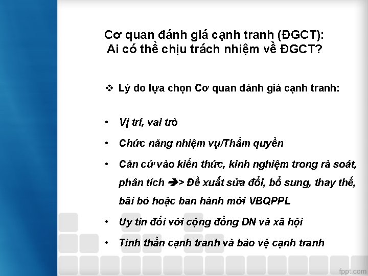 Cơ quan đánh giá cạnh tranh (ĐGCT): Ai có thể chịu trách nhiệm về Cơ quan đánh giá cạnh tranh (ĐGCT): Ai có thể chịu trách nhiệm về