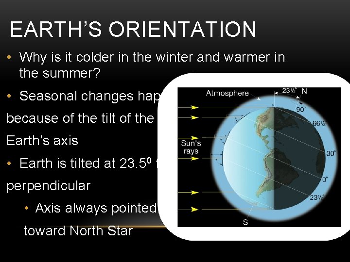 EARTH’S ORIENTATION • Why is it colder in the winter and warmer in the