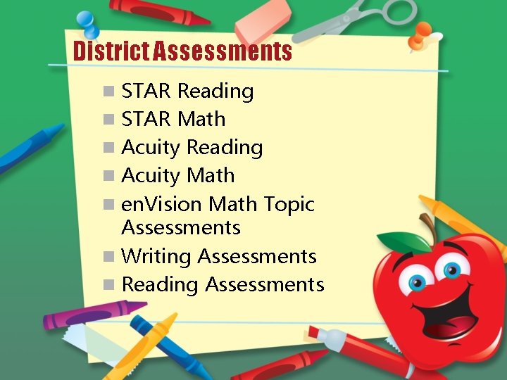 District Assessments n STAR Reading n STAR Math n Acuity Reading n Acuity Math