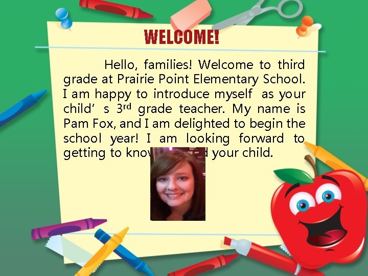 WELCOME! Hello, families! Welcome to third grade at Prairie Point Elementary School. I am