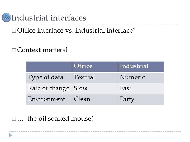 Industrial interfaces � Office interface vs. industrial interface? � Context matters! Type of data
