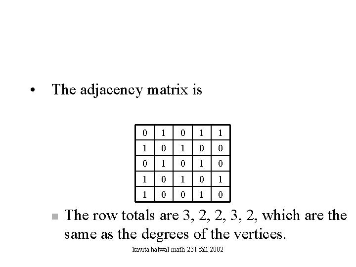  • The adjacency matrix is n 0 1 1 1 0 0 0