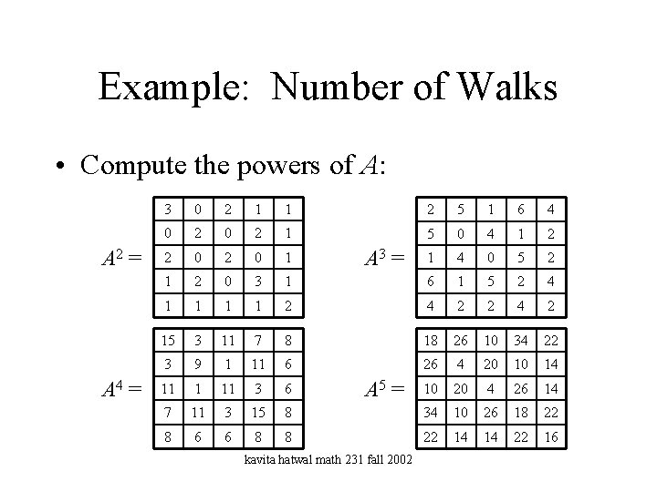 Example: Number of Walks • Compute the powers of A: A 2 = A