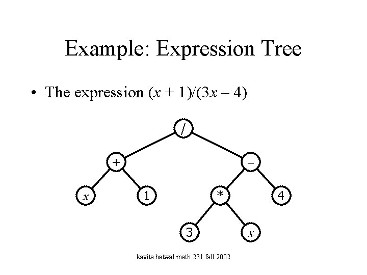 Example: Expression Tree • The expression (x + 1)/(3 x – 4) / +