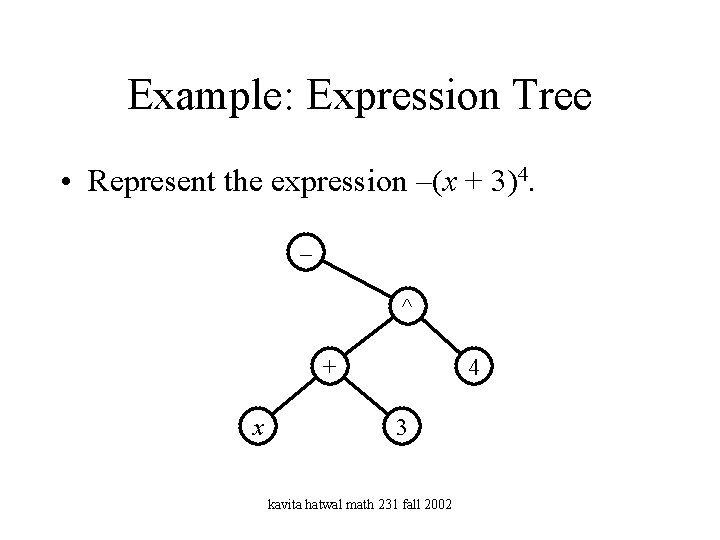 Example: Expression Tree • Represent the expression –(x + 3)4. – ^ + x