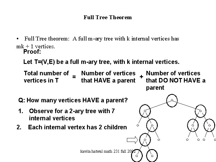 Full Tree Theorem • Full Tree theorem: A full m-ary tree with k internal