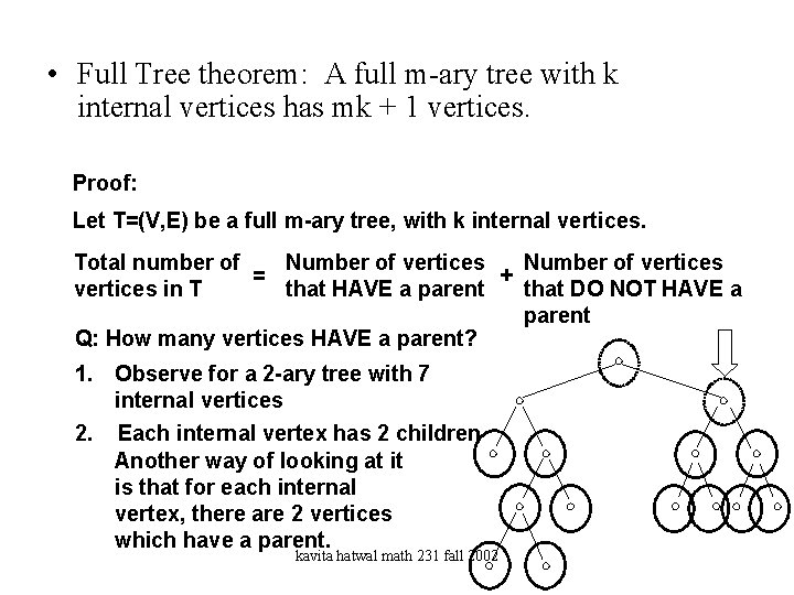  • Full Tree theorem: A full m-ary tree with k internal vertices has