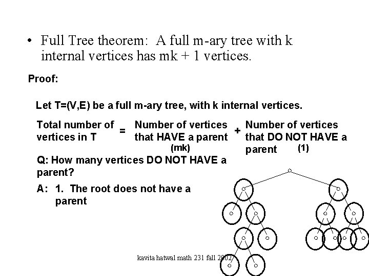  • Full Tree theorem: A full m-ary tree with k internal vertices has
