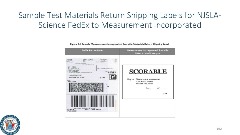 Sample Test Materials Return Shipping Labels for NJSLAScience Fed. Ex to Measurement Incorporated 102