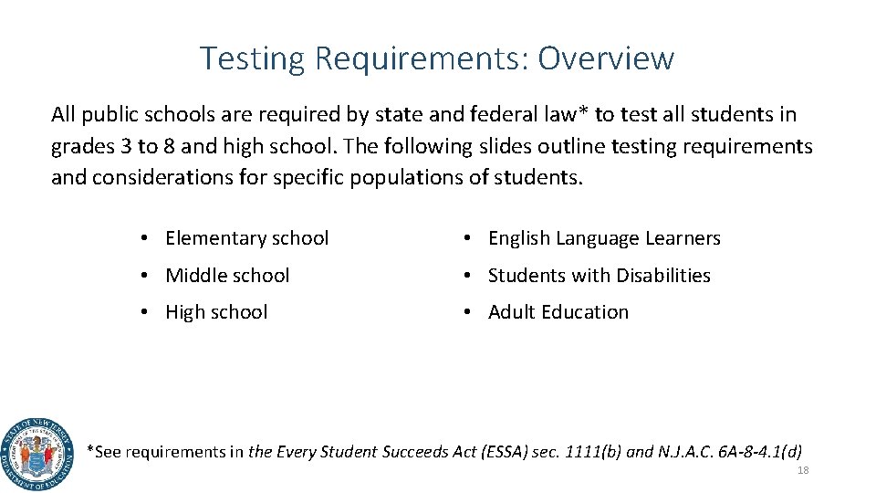 Testing Requirements: Overview All public schools are required by state and federal law* to