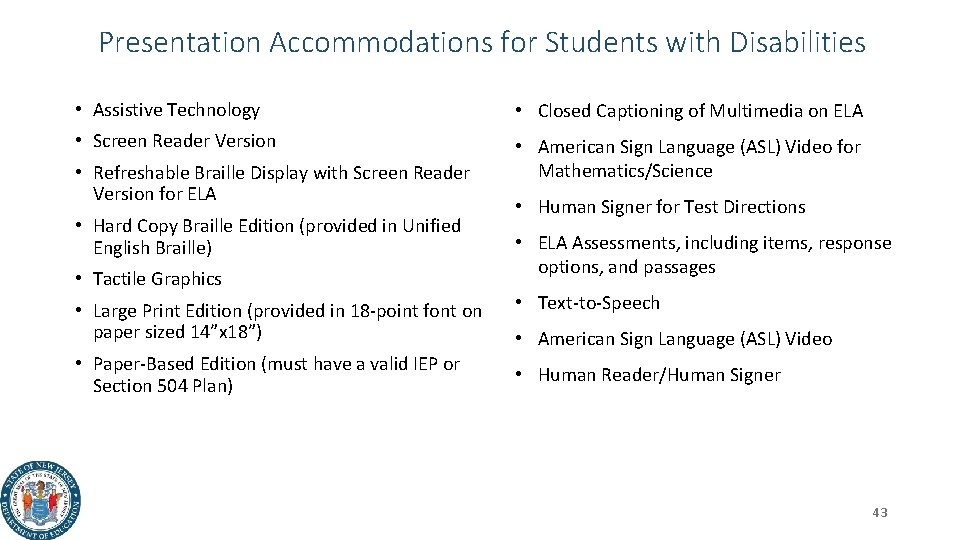 Presentation Accommodations for Students with Disabilities • Assistive Technology • Closed Captioning of Multimedia