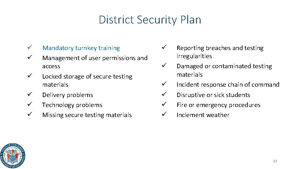 District Security Plan ü ü ü Mandatory turnkey training Management of user permissions and