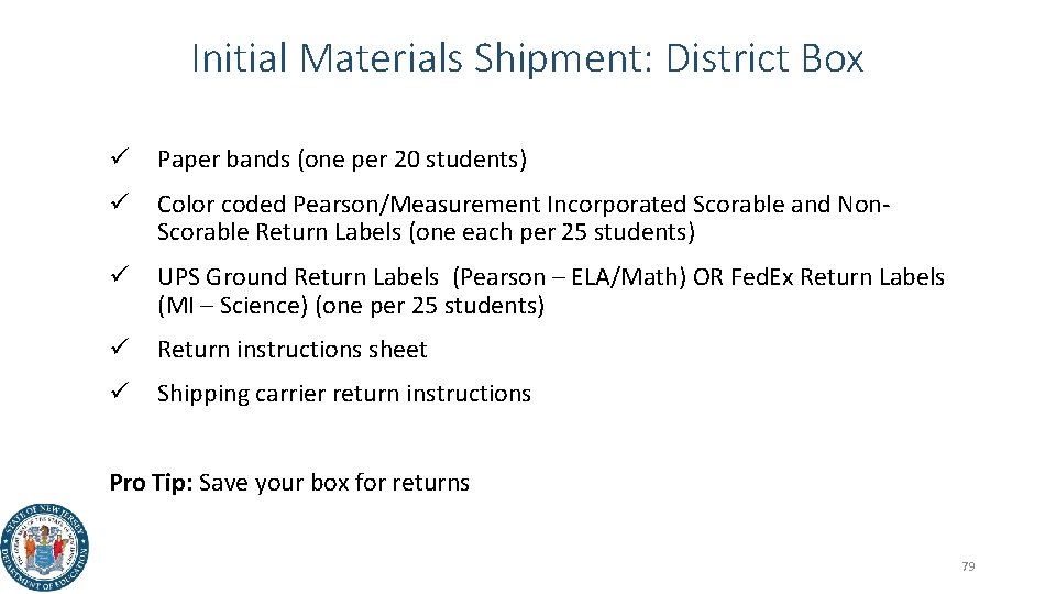 Initial Materials Shipment: District Box ü Paper bands (one per 20 students) ü Color