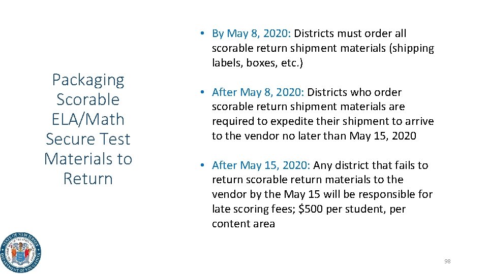 Packaging Scorable ELA/Math Secure Test Materials to Return • By May 8, 2020: Districts