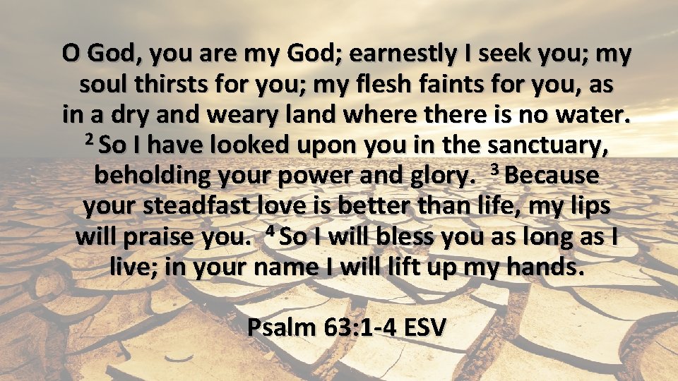 O God, you are my God; earnestly I seek you; my soul thirsts for