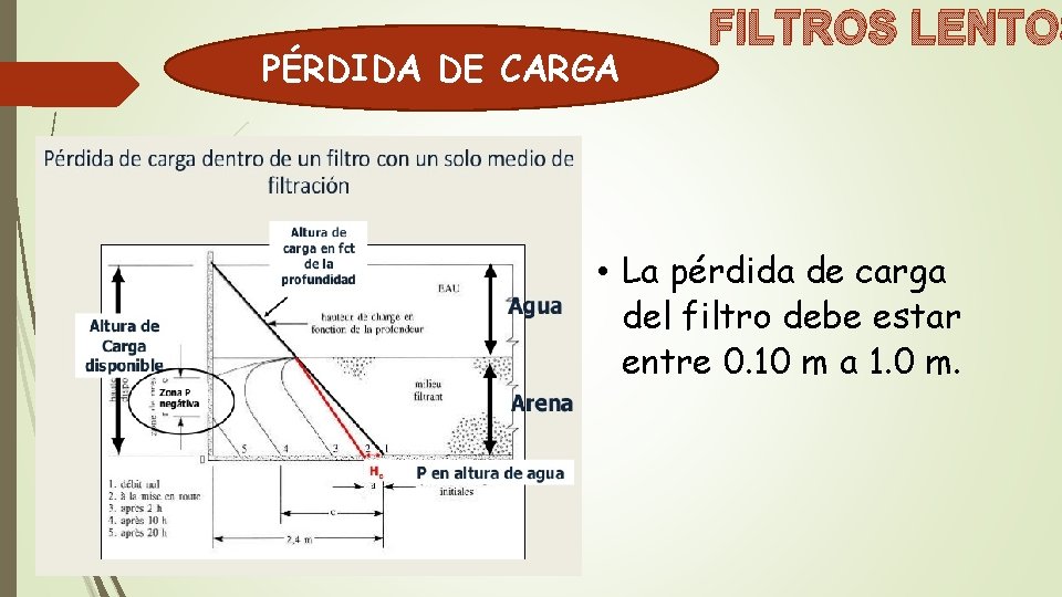 PÉRDIDA DE CARGA FILTROS LENTOS • La pérdida de carga del filtro debe estar