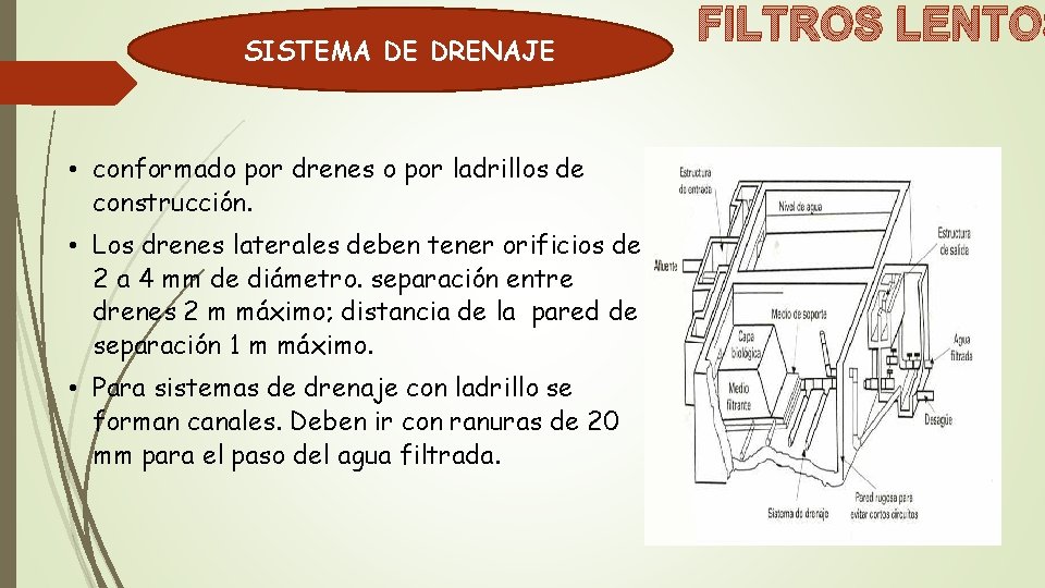 SISTEMA DE DRENAJE • conformado por drenes o por ladrillos de construcción. • Los