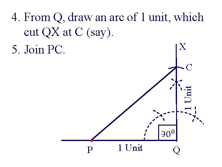 4. From Q, draw an arc of 1 unit, which cut QX at C