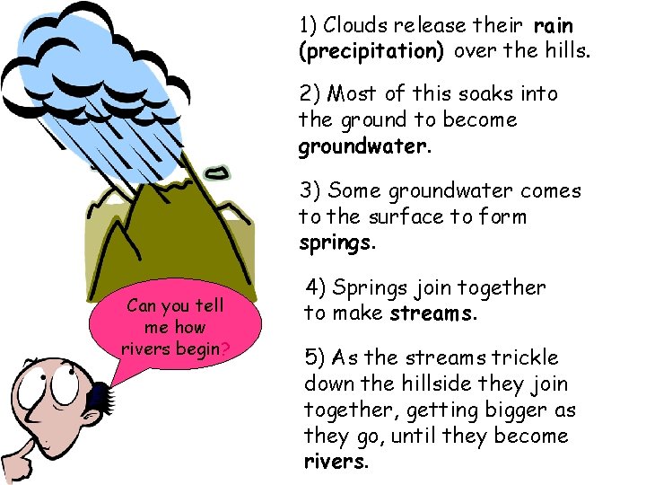 1) Clouds release their rain (precipitation) over the hills. 2) Most of this soaks