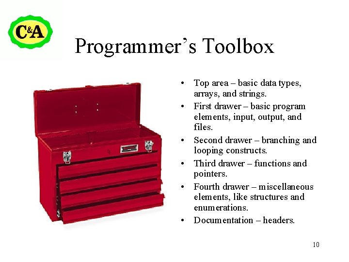 Programmer’s Toolbox • Top area – basic data types, arrays, and strings. • First