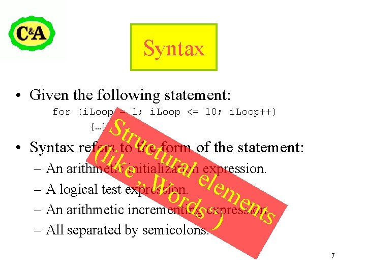 Syntax • Given the following statement: for (i. Loop = 1; i. Loop <=