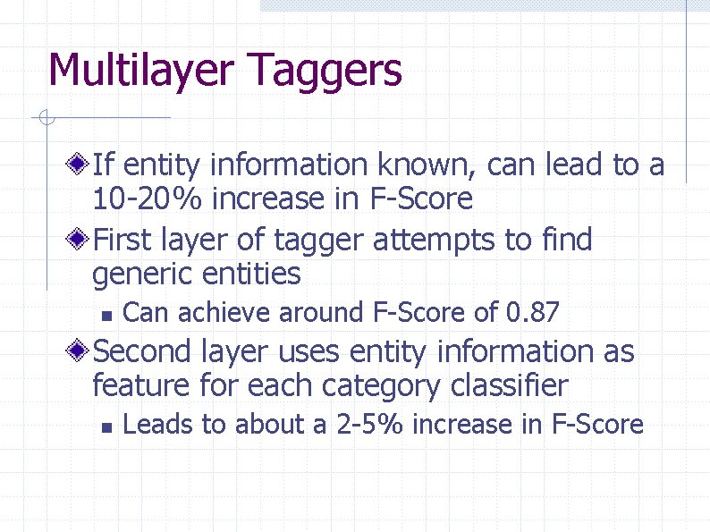 Multilayer Taggers If entity information known, can lead to a 10 -20% increase in