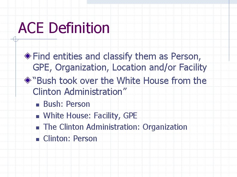 ACE Definition Find entities and classify them as Person, GPE, Organization, Location and/or Facility