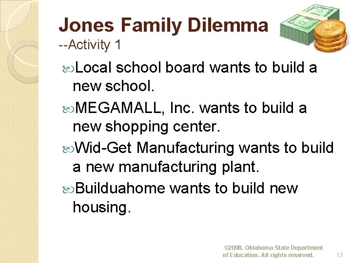 Jones Family Dilemma --Activity 1 Local school board wants to build a new school.