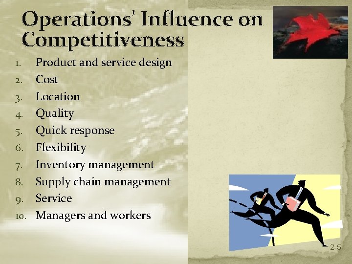 Operations' Influence on Competitiveness Product and service design 2. Cost 3. Location 4. Quality