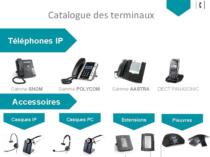 Catalogue des terminaux Téléphones IP Gamme SNOM Gamme POLYCOM DECT PANASONIC Gamme AASTRA Accessoires