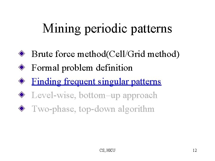 Mining periodic patterns Brute force method(Cell/Grid method) Formal problem definition Finding frequent singular patterns