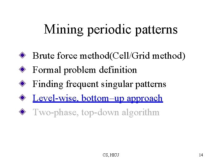 Mining periodic patterns Brute force method(Cell/Grid method) Formal problem definition Finding frequent singular patterns