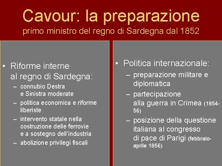 Cavour: la preparazione primo ministro del regno di Sardegna dal 1852 • Riforme interne