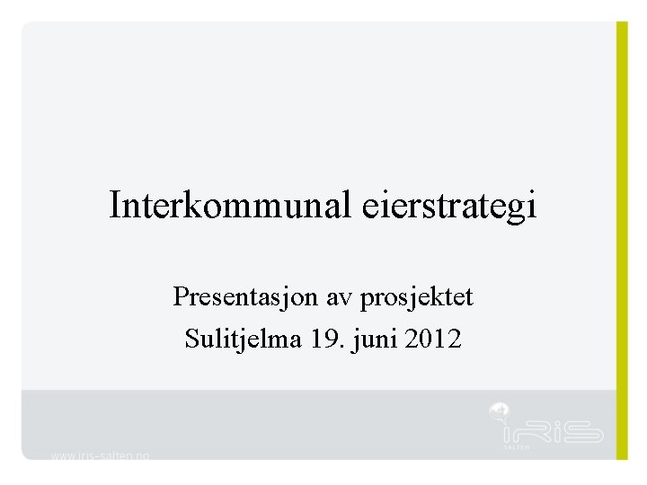 Interkommunal eierstrategi Presentasjon av prosjektet Sulitjelma 19. juni 2012 