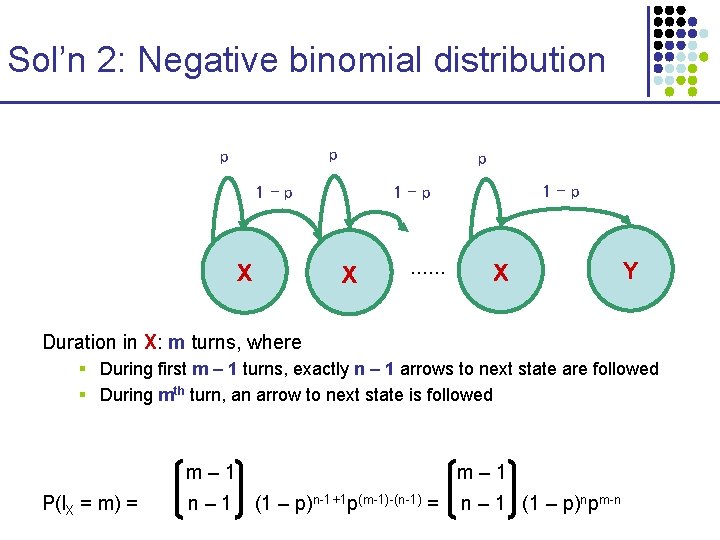 Sol’n 2: Negative binomial distribution p p p 1–p X …… X Y Duration